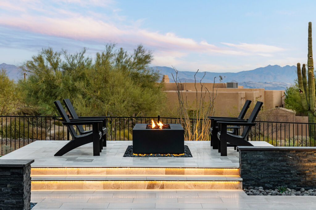 Raised sun deck with firepit in the center