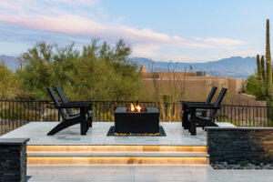 Raised sun deck with firepit in the center