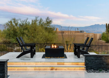 Raised sun deck with firepit in the center