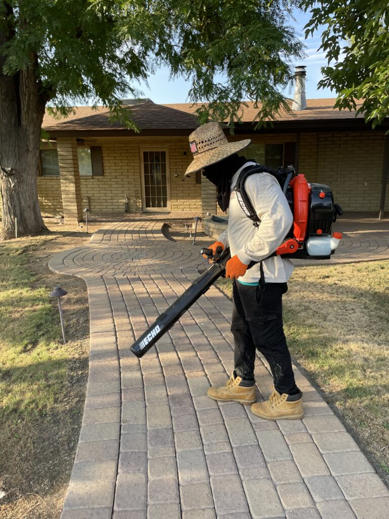 Man in front yard performing yard maintenance with leaf blower