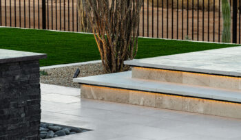 Close up image of raised sun deck, dessert bush and water feature.