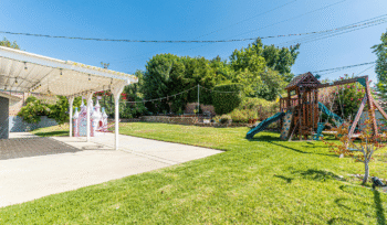 Dog-friendly backyard with artificial turf, shade, and safe landscaping in a Phoenix, AZ home