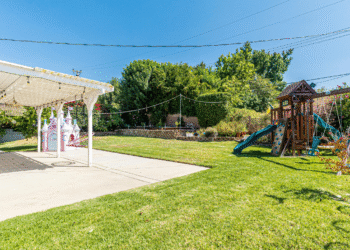 Dog-friendly backyard with artificial turf, shade, and safe landscaping in a Phoenix, AZ home
